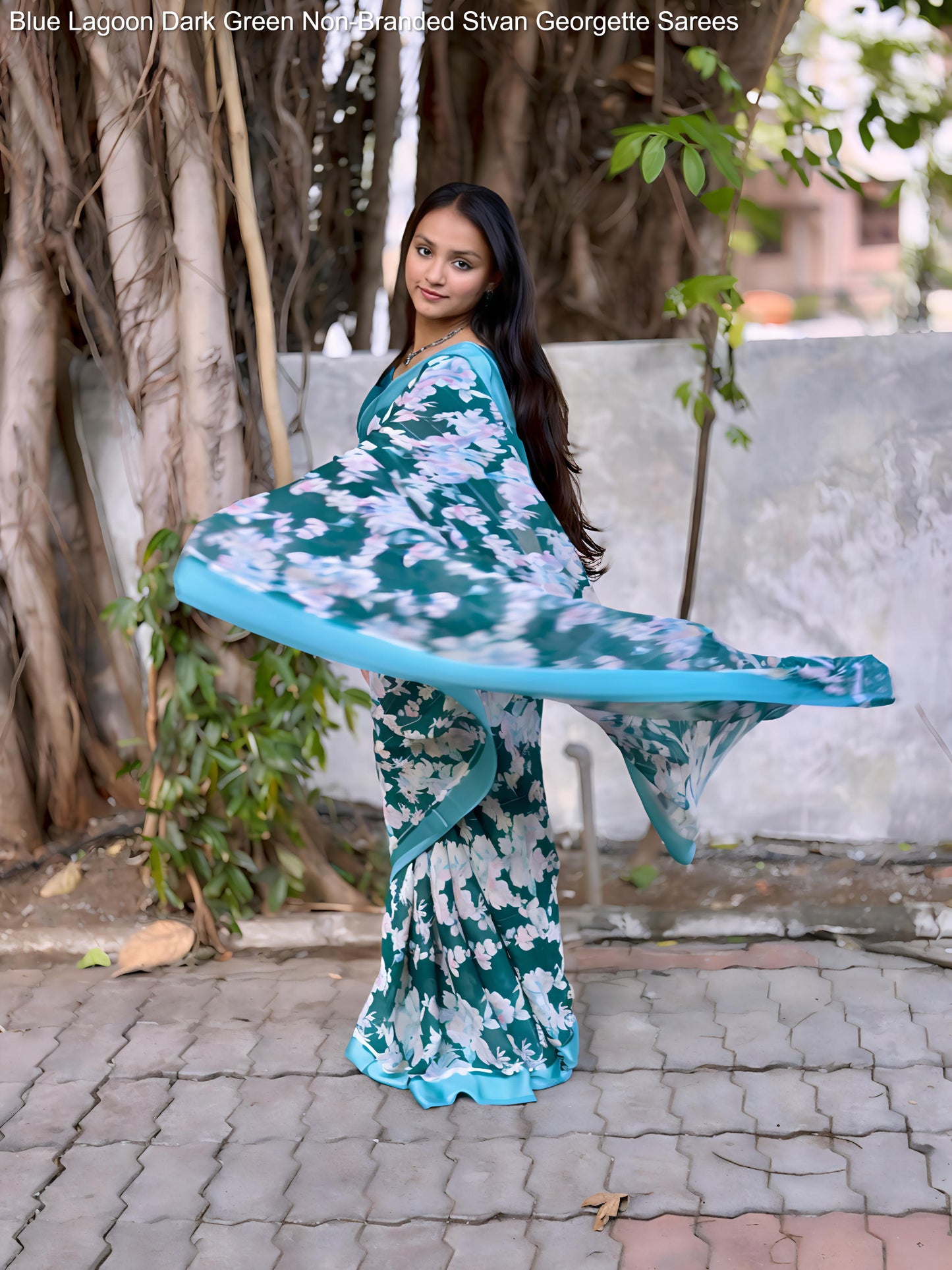 Blue Lagoon Dark Green Non-Branded Stvan Georgette Sarees
