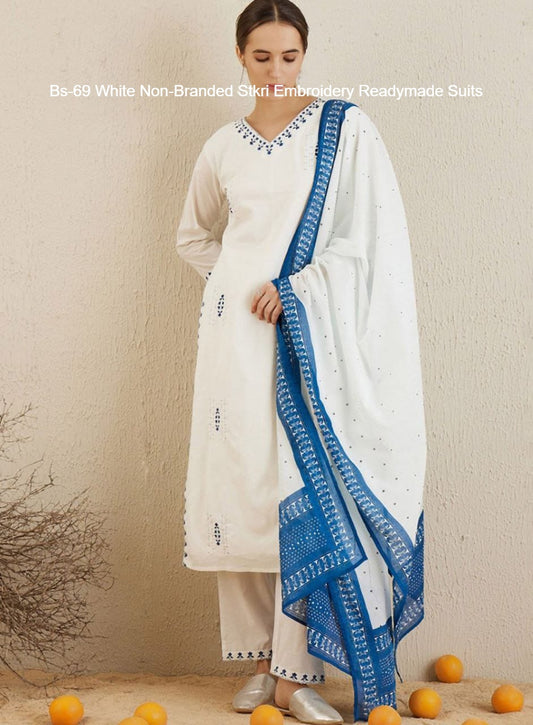 Bs-69 White Non-Branded Stkri Embroidery Readymade Suits