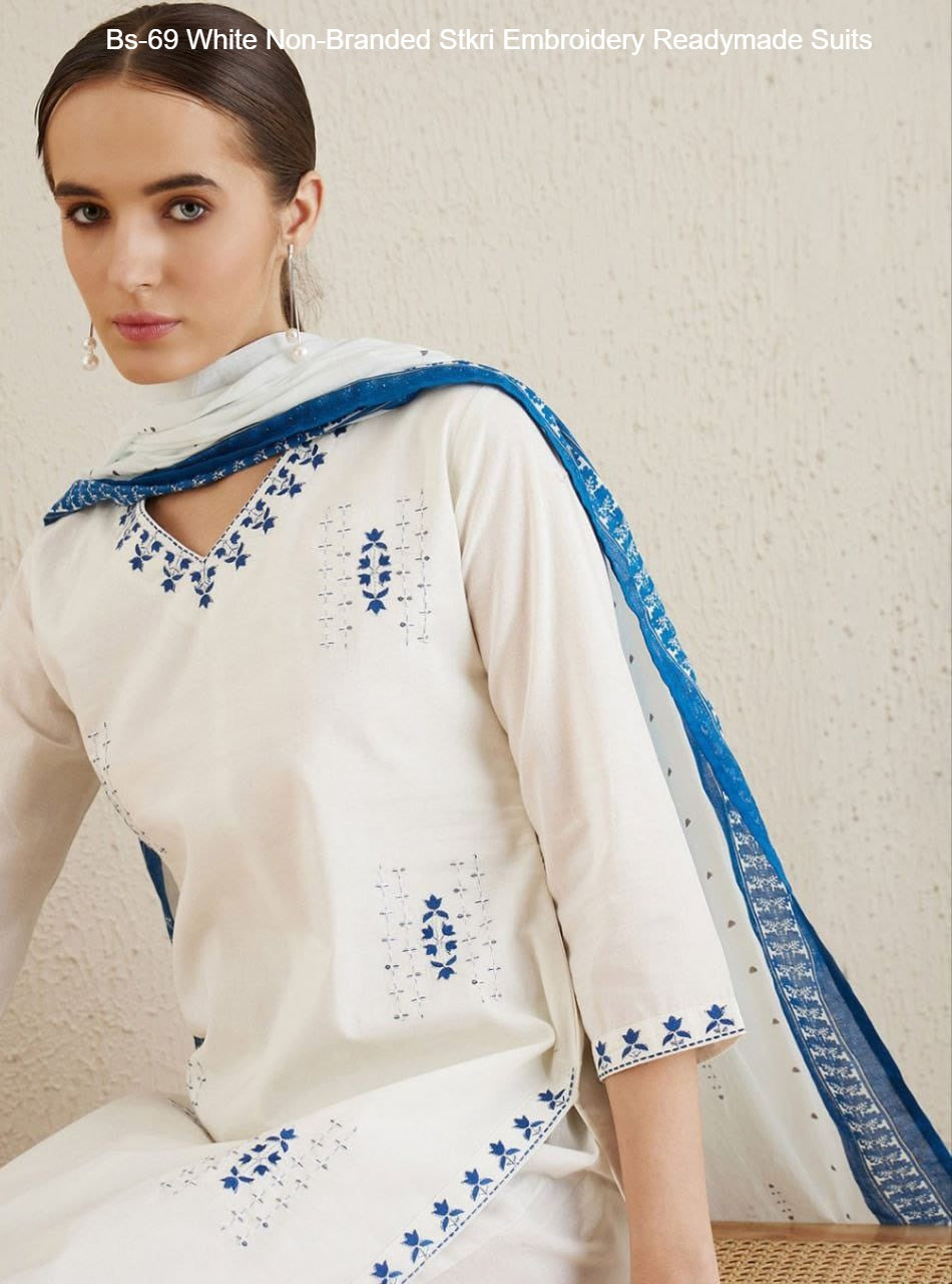 Bs-69 White Non-Branded Stkri Embroidery Readymade Suits