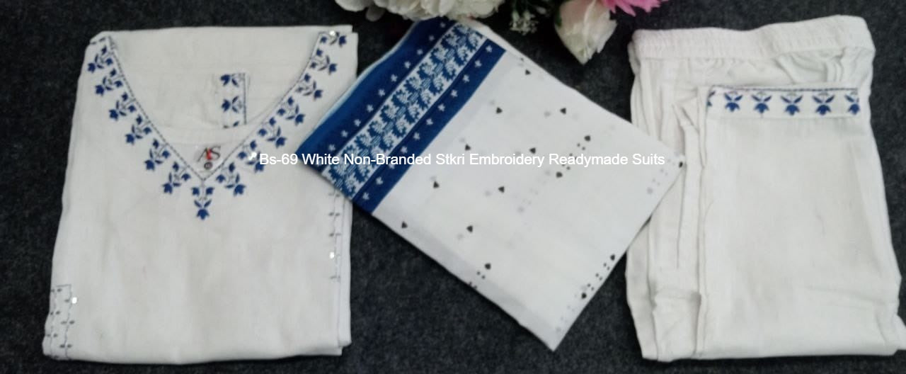 Bs-69 White Non-Branded Stkri Embroidery Readymade Suits