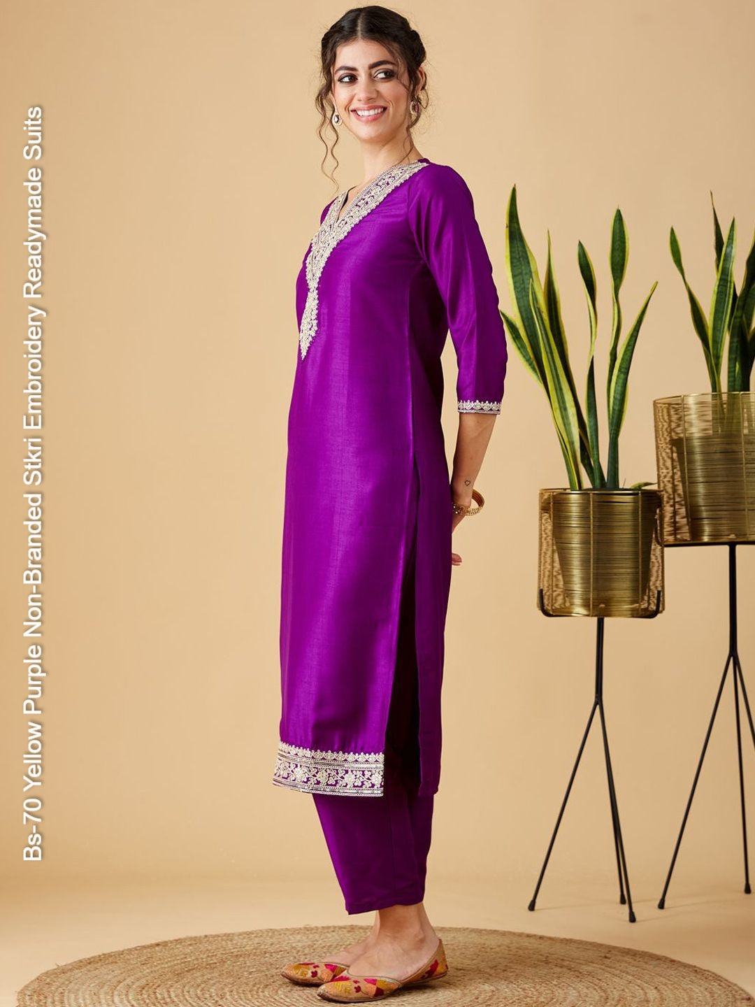 Bs-70 Yellow Purple Non-Branded Stkri Embroidery Readymade Suits