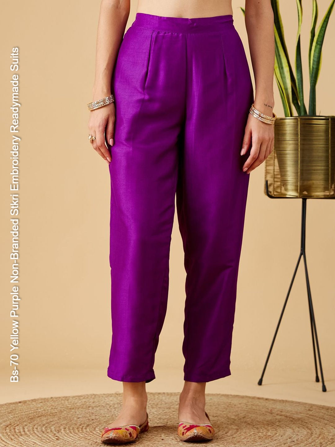 Bs-70 Yellow Purple Non-Branded Stkri Embroidery Readymade Suits