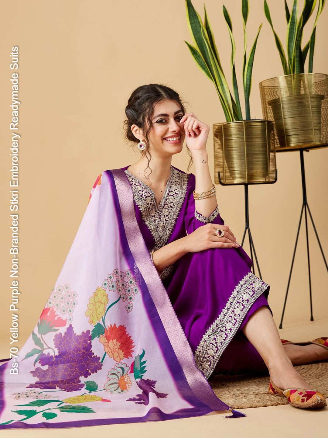 Bs-70 Yellow Purple Non-Branded Stkri Embroidery Readymade Suits