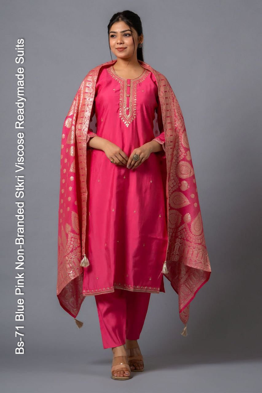 Bs-71 Blue Pink Non-Branded Stkri Viscose Readymade Suits