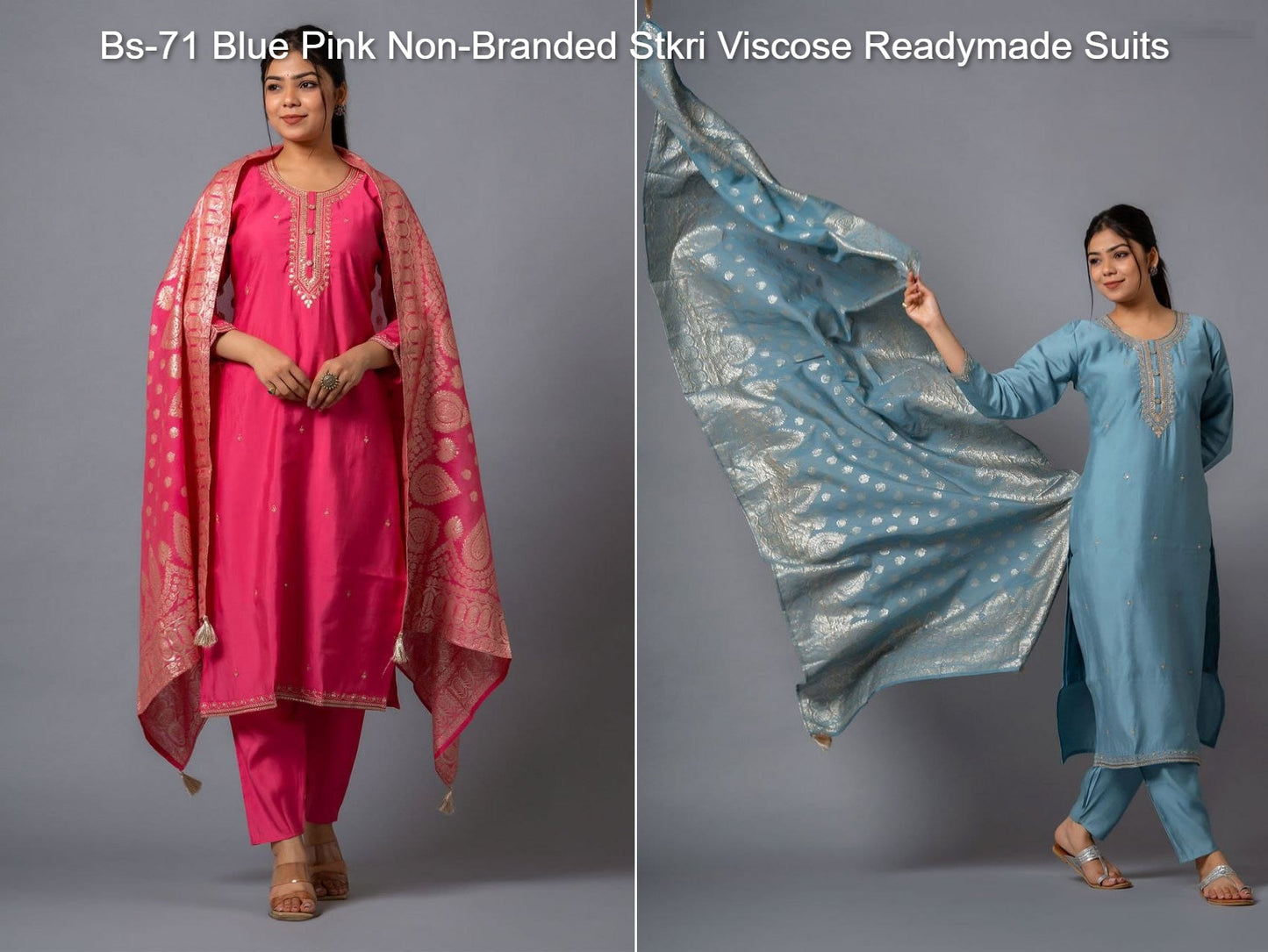 Bs-71 Blue Pink Non-Branded Stkri Viscose Readymade Suits