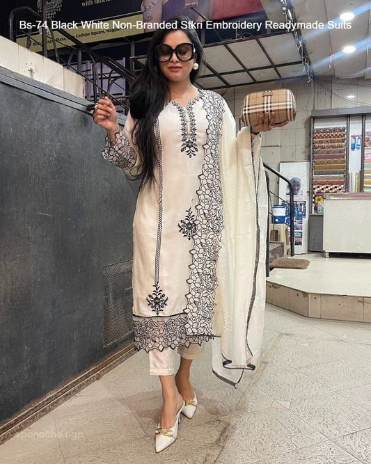 Bs-74 Black White Non-Branded Stkri Embroidery Readymade Suits