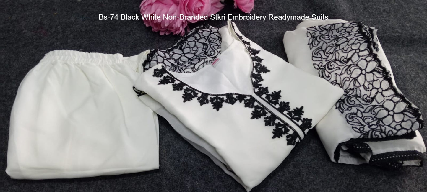 Bs-74 Black White Non-Branded Stkri Embroidery Readymade Suits