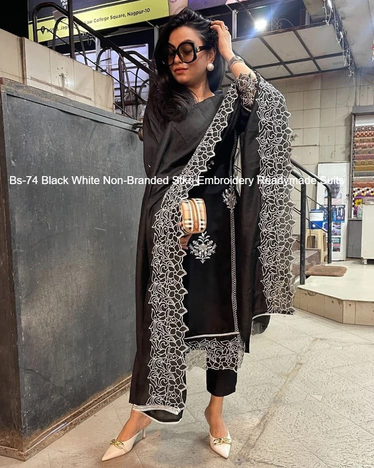 Bs-74 Black White Non-Branded Stkri Embroidery Readymade Suits