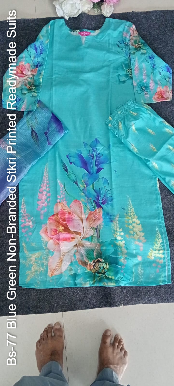 Bs-77 Blue Green Non-Branded Stkri Printed Readymade Suits