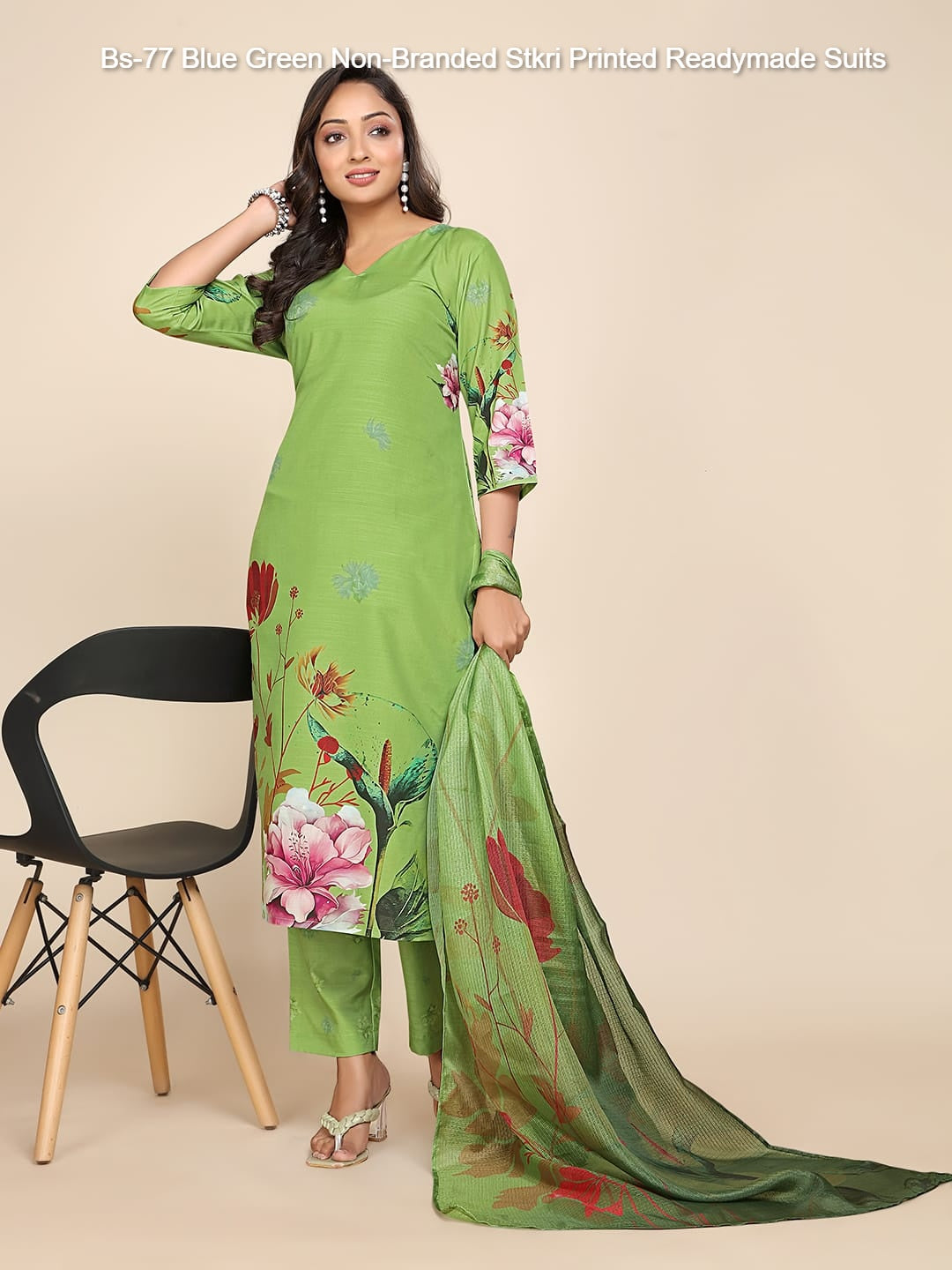 Bs-77 Blue Green Non-Branded Stkri Printed Readymade Suits