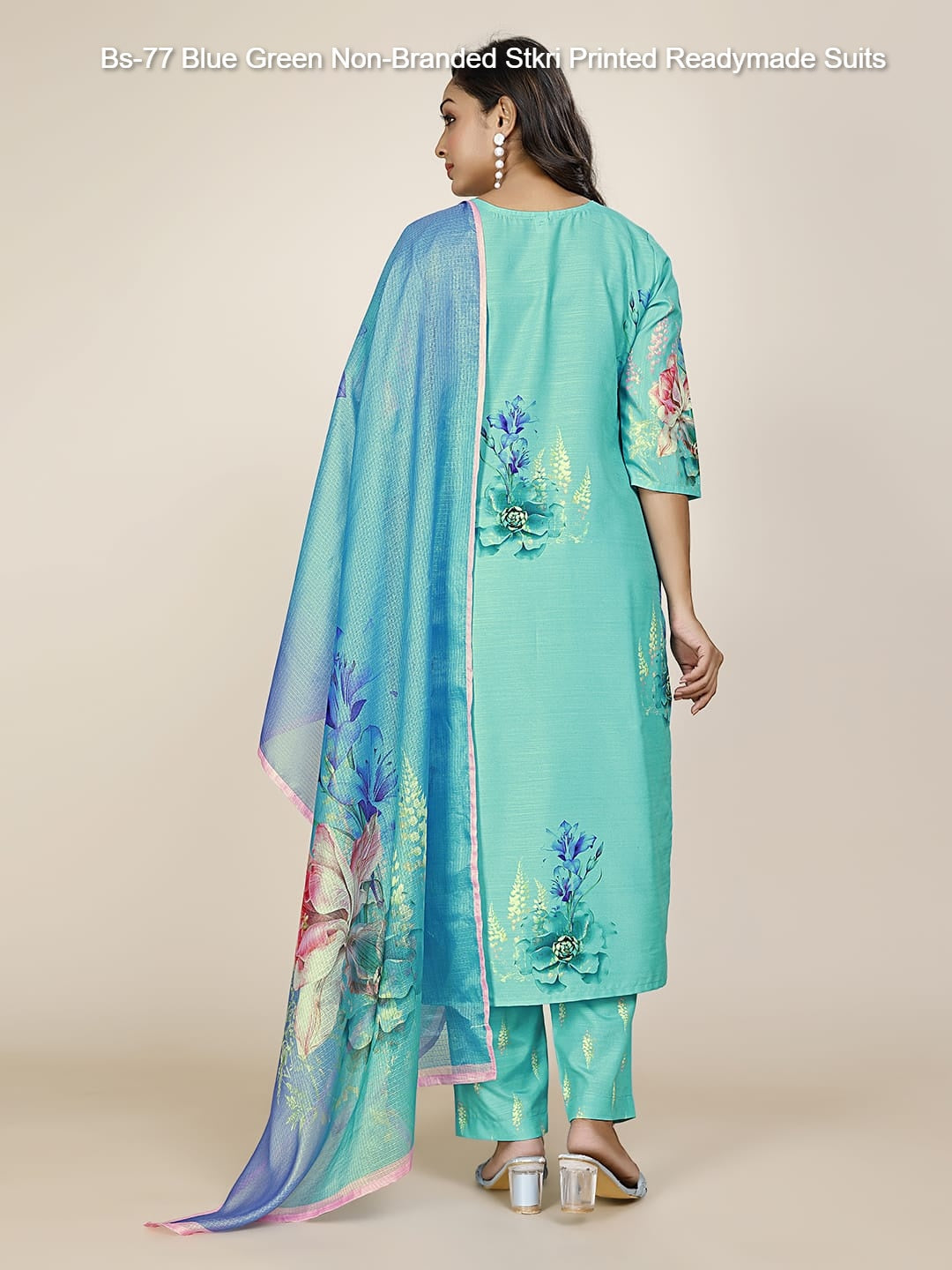 Bs-77 Blue Green Non-Branded Stkri Printed Readymade Suits