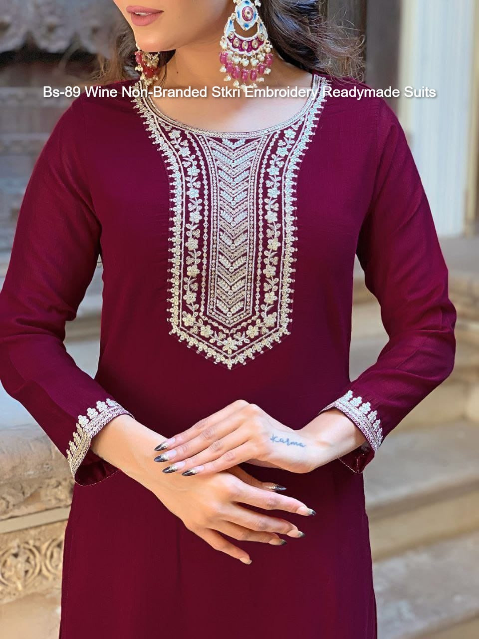 Bs-89 Wine Non-Branded Stkri Embroidery Readymade Suits