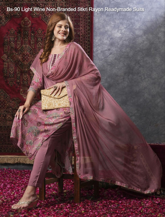Bs-90 Light Wine Non-Branded Stkri Rayon Readymade Suits