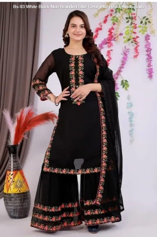 Bs-93 White Black Non-Branded Stkri Georgette Readymade Suits