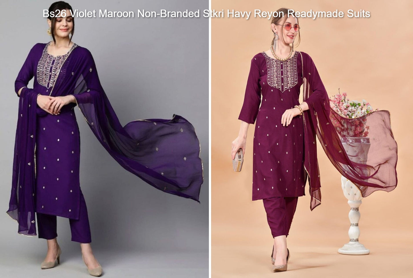 Bs26 Violet Maroon Non-Branded Stkri Havy Reyon Readymade Suits
