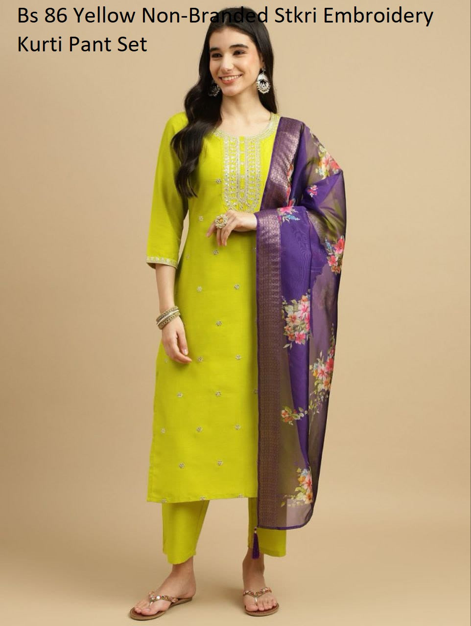 Bs 86 Yellow Non-Branded Stkri Embroidery Readymade Suits