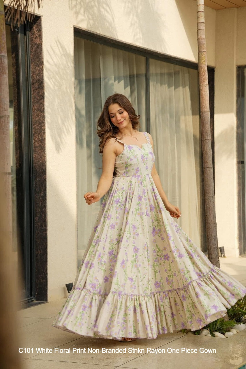 C101 White Floral Print Non-Branded Stnkn Rayon One Piece Gown