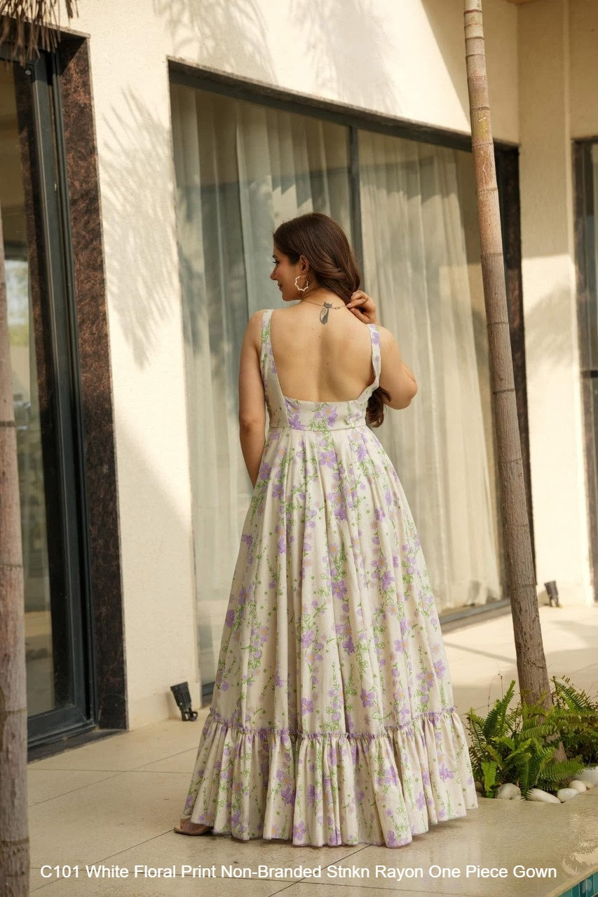 C101 White Floral Print Non-Branded Stnkn Rayon One Piece Gown