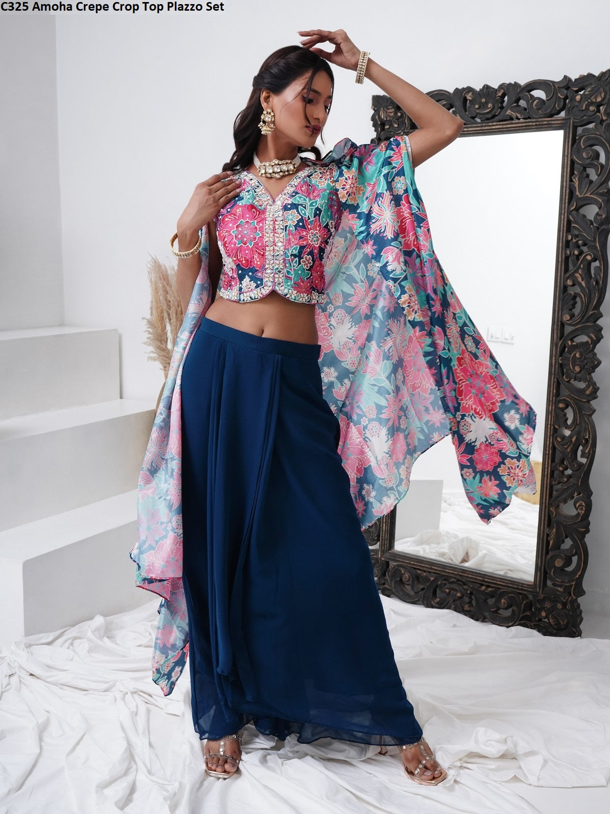 C325 Amoha Crepe Crop Top Plazzo Set