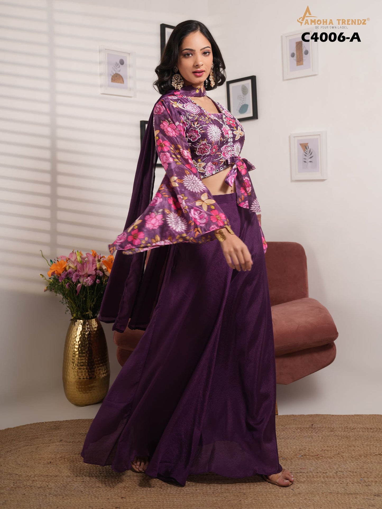 C4006-A Purple Amoha Printed Crop Top Plazzo Set