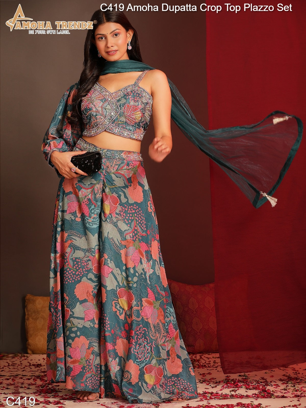 C419 Amoha Dupatta Crop Top Plazzo Set