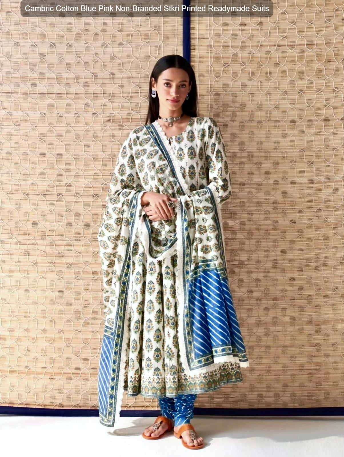 Cambric Cotton Blue Pink Non-Branded Stkri Printed Readymade Suits