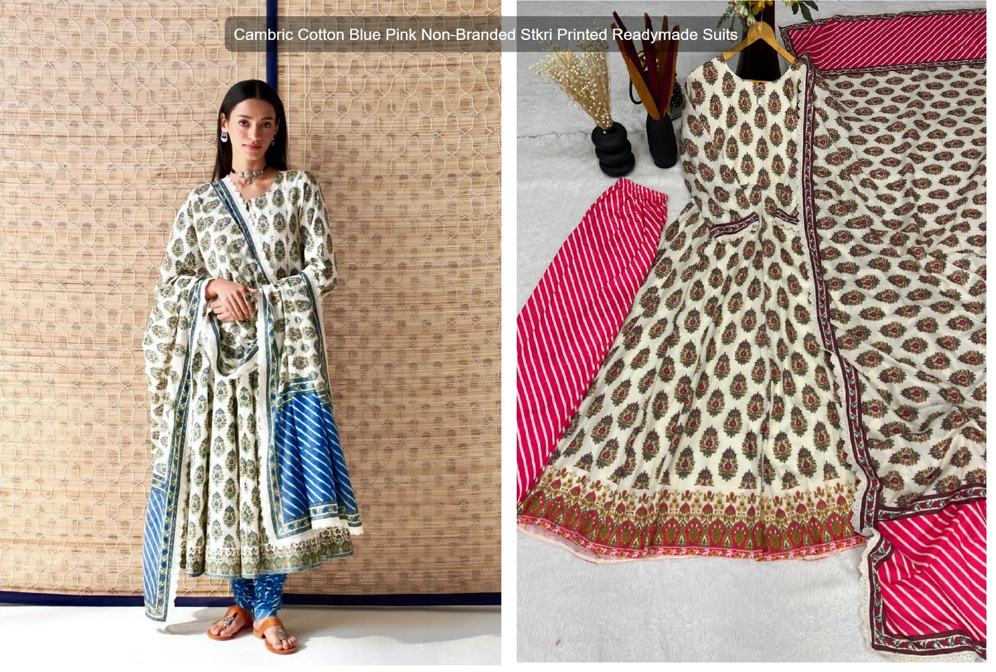 Cambric Cotton Blue Pink Non-Branded Stkri Printed Readymade Suits