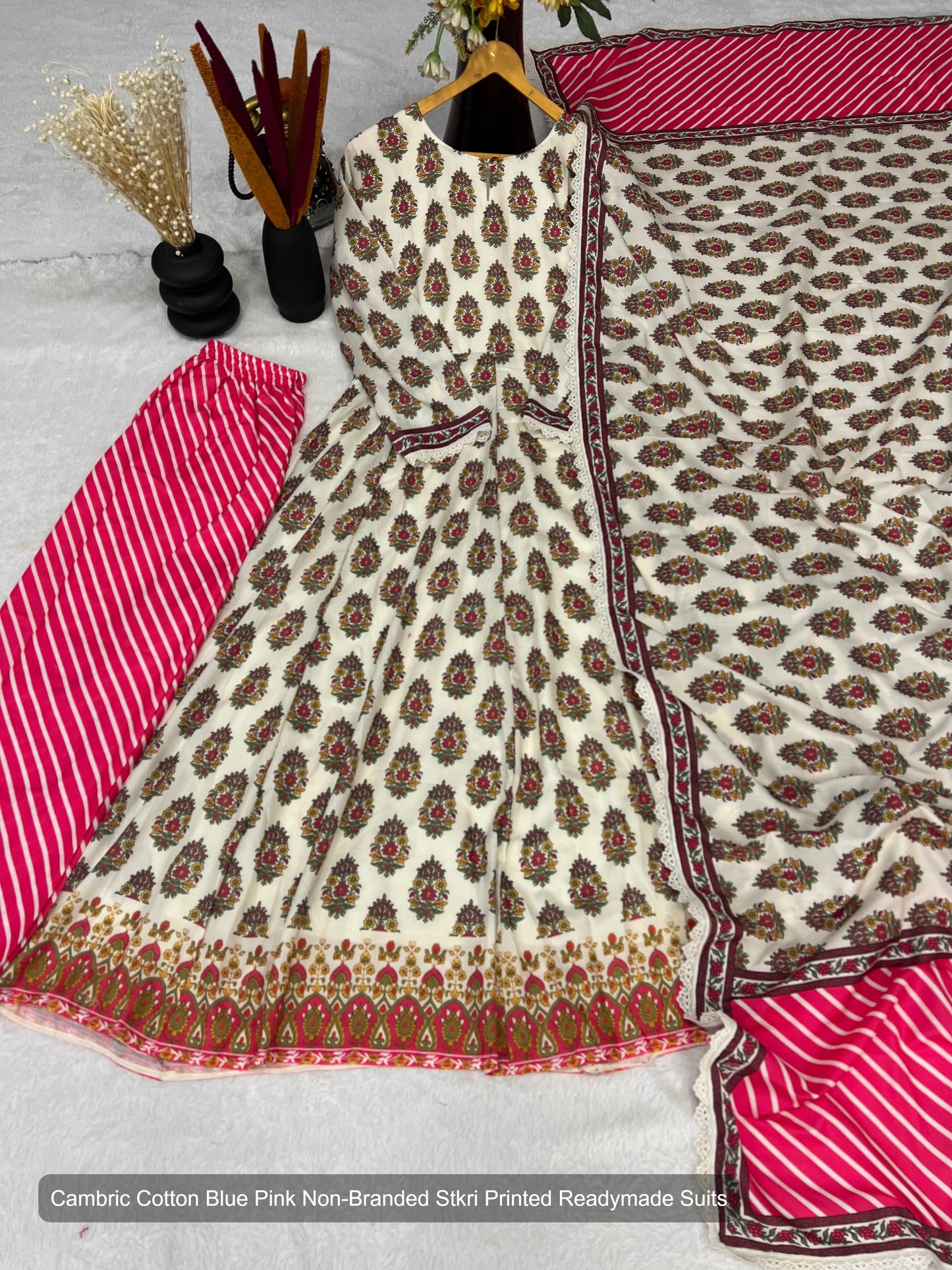 Cambric Cotton Blue Pink Non-Branded Stkri Printed Readymade Suits