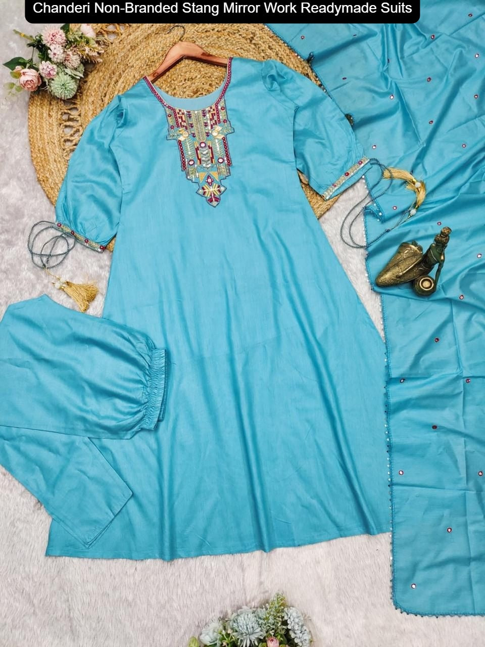 Chanderi Non-Branded Stang Mirror Work Readymade Suits
