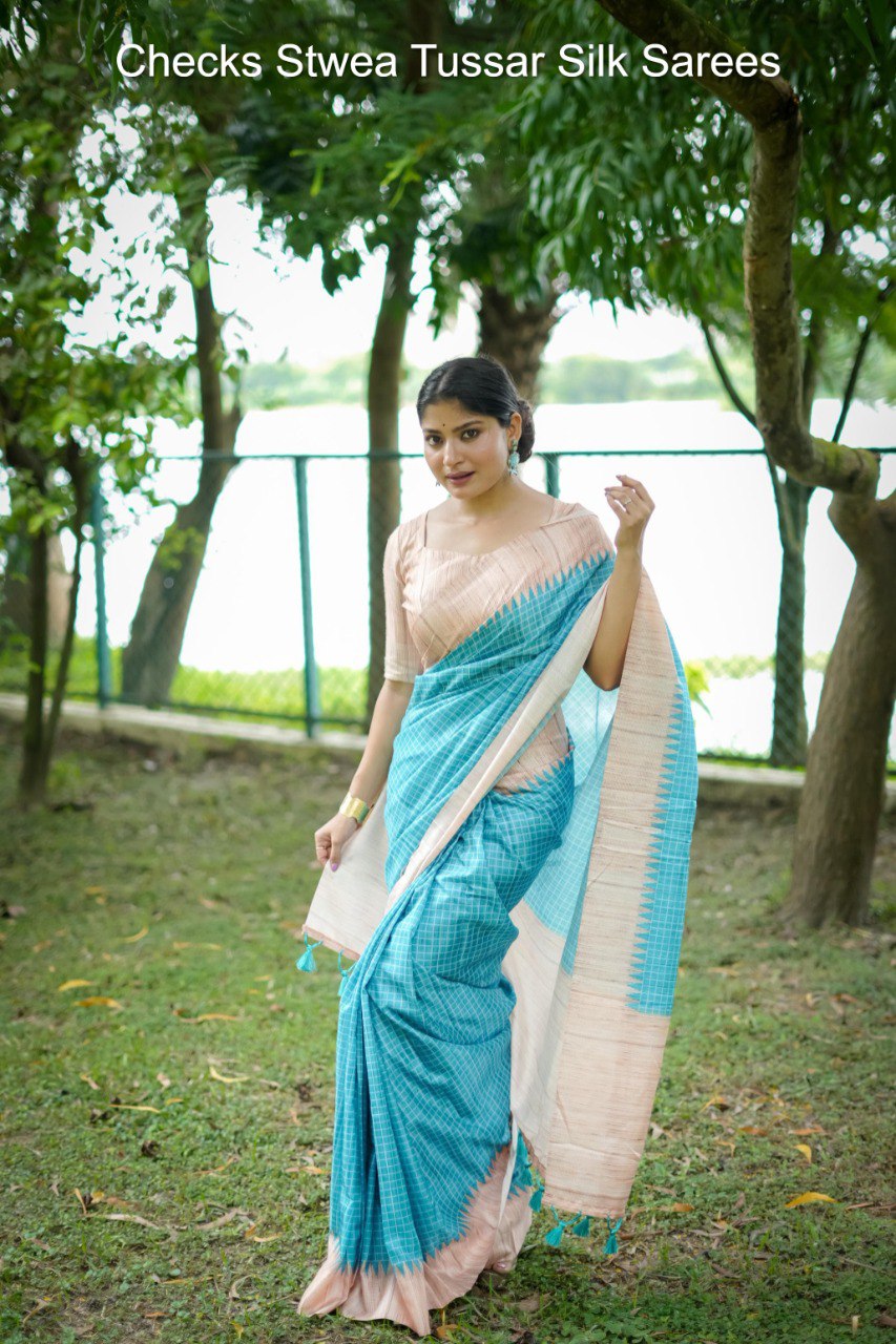 Checks Stwea Tussar Silk Sarees