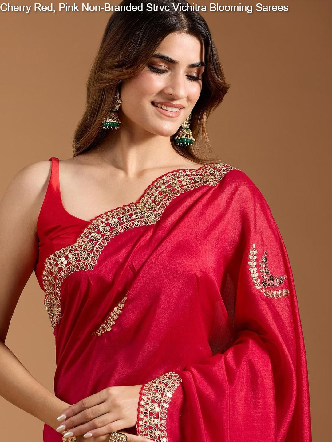 Cherry Red, Pink Non-Branded Strvc Vichitra Blooming Sarees
