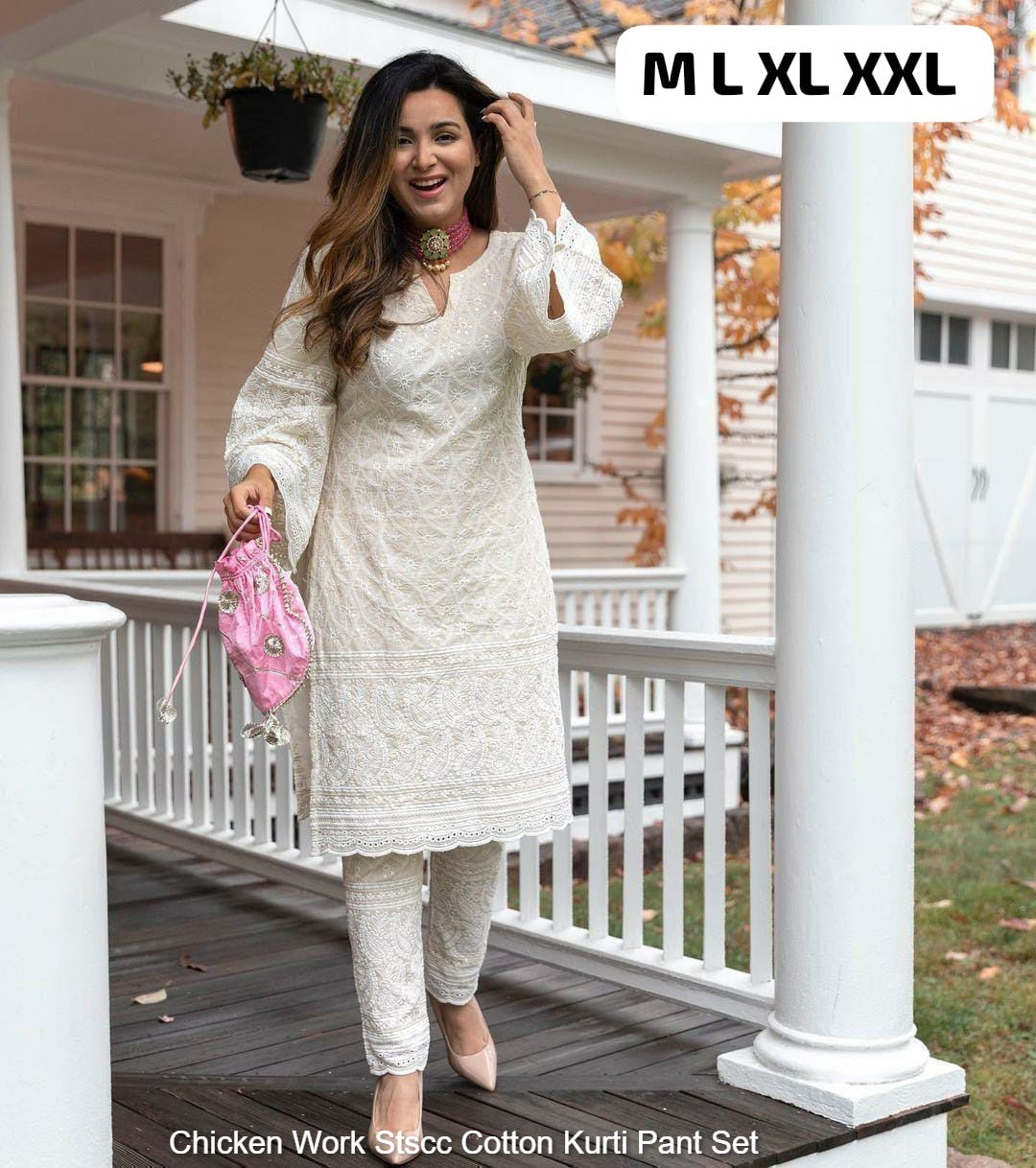 Chicken Work Stscc Cotton Kurti Pant Set