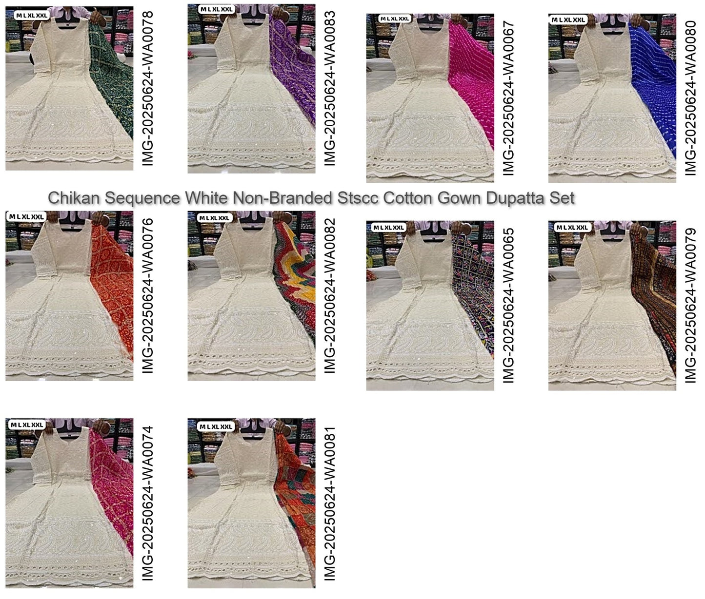 Chikan Sequence White Non-Branded Stscc Cotton Gown Dupatta Set