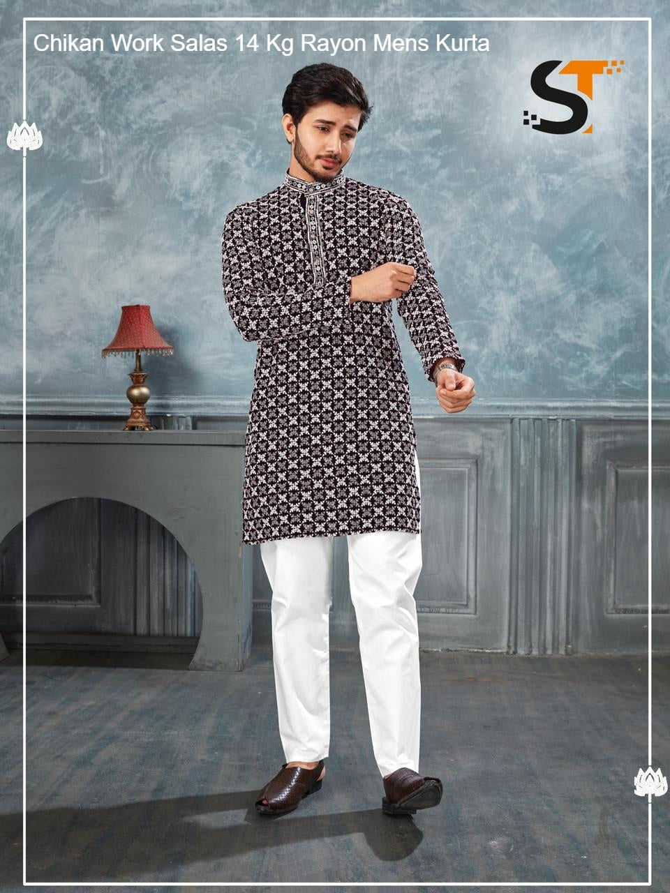 Chikan Work Salas 14 Kg Rayon Mens Kurta