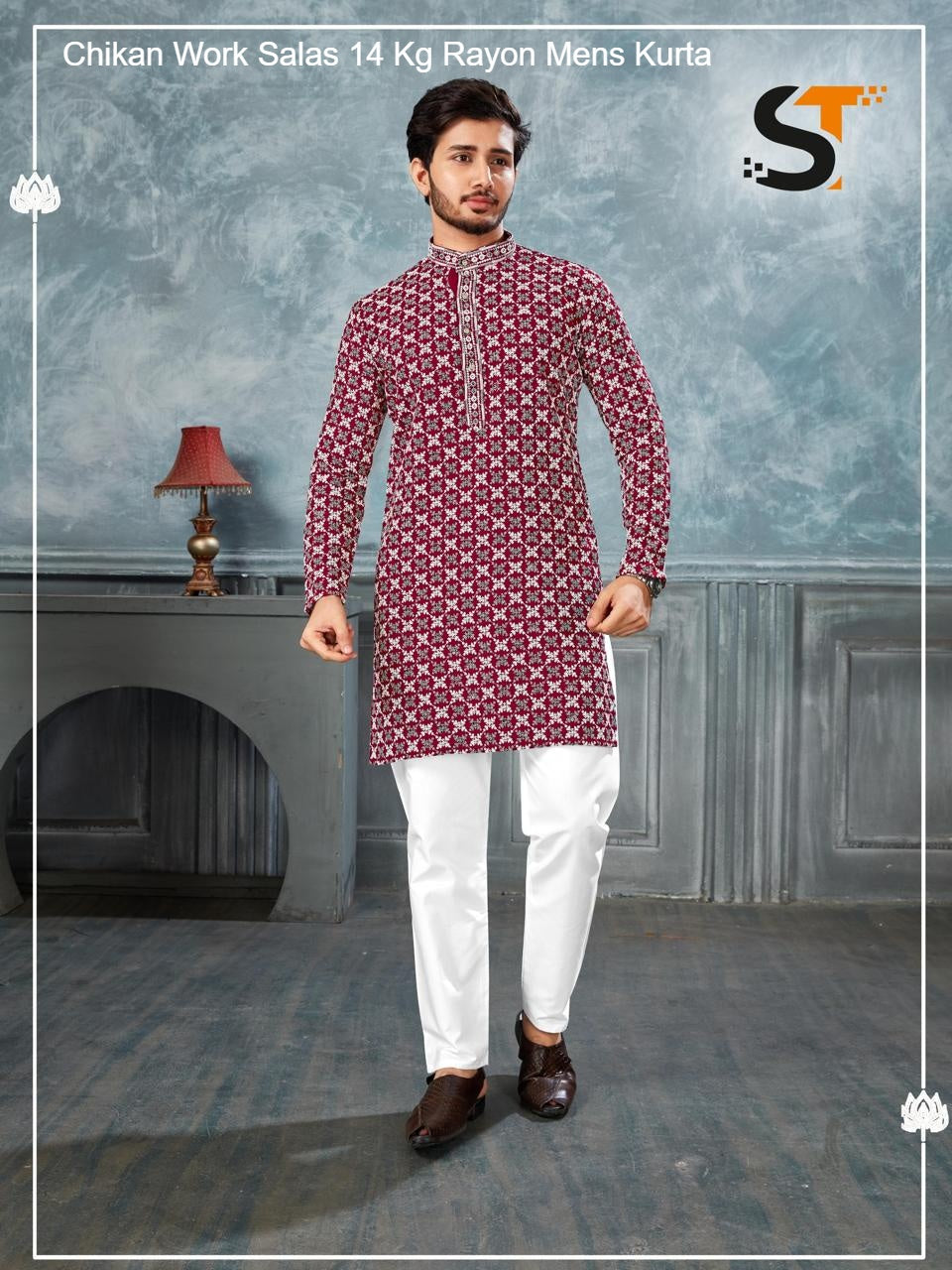 Chikan Work Salas 14 Kg Rayon Mens Kurta