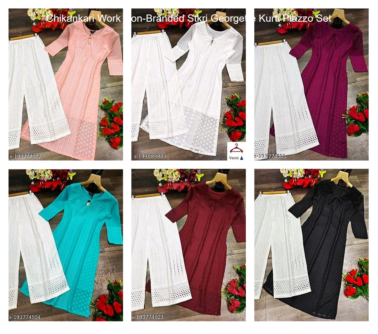 Chikankari Work Non-Branded Stkri Georgette Kurti Plazzo Set