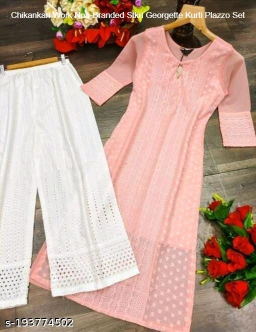 Chikankari Work Non-Branded Stkri Georgette Kurti Plazzo Set