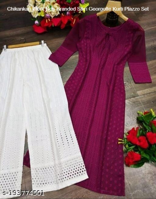 Chikankari Work Non-Branded Stkri Georgette Kurti Plazzo Set