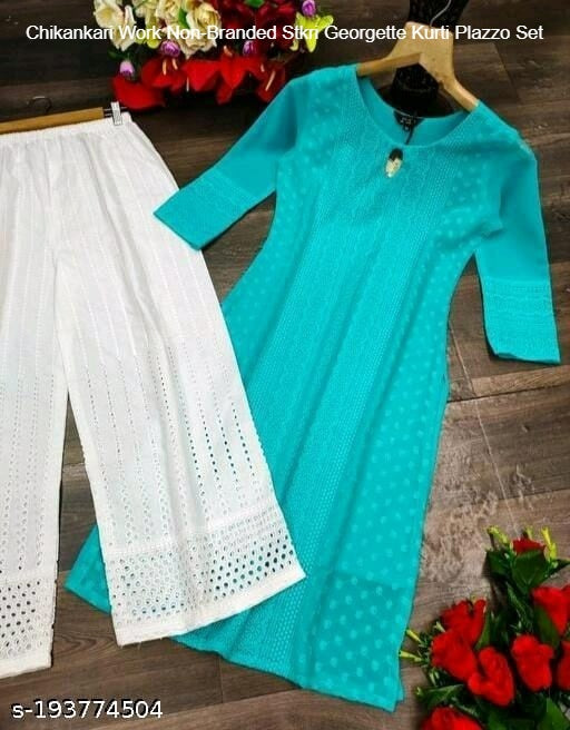 Chikankari Work Non-Branded Stkri Georgette Kurti Plazzo Set