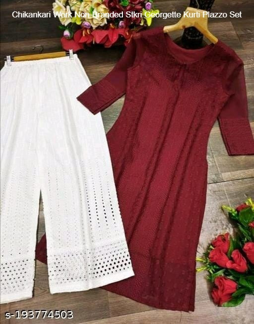 Chikankari Work Non-Branded Stkri Georgette Kurti Plazzo Set