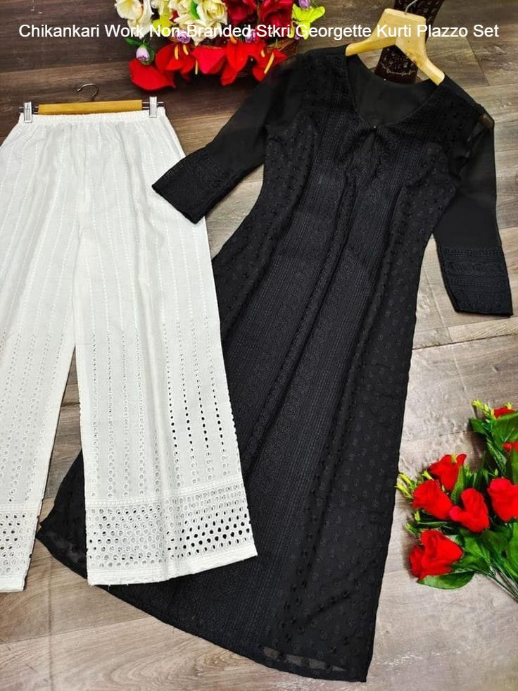 Chikankari Work Non-Branded Stkri Georgette Kurti Plazzo Set