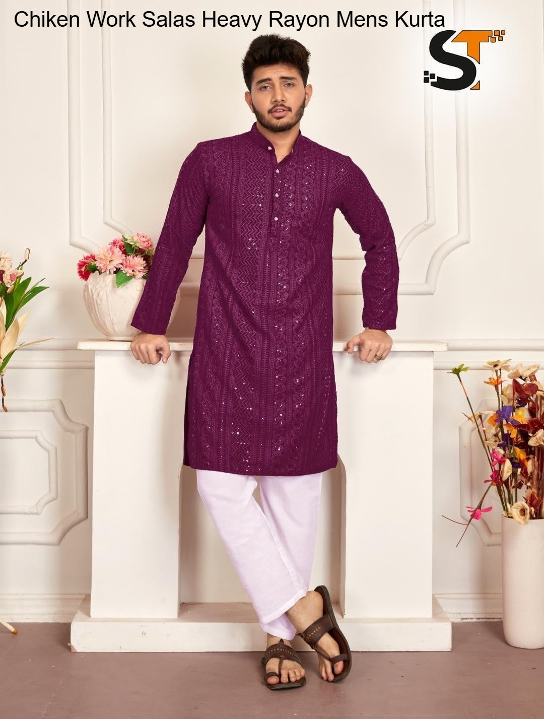 Chiken Work Salas Heavy Rayon Mens Kurta
