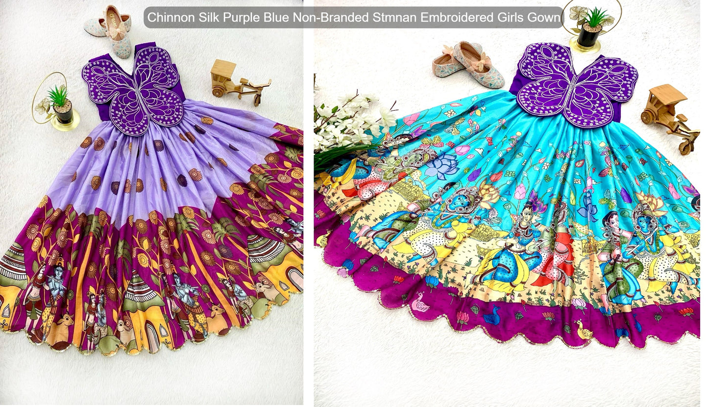 Chinnon Silk Purple Blue Non-Branded Stmnan Embroidered Girls Gown