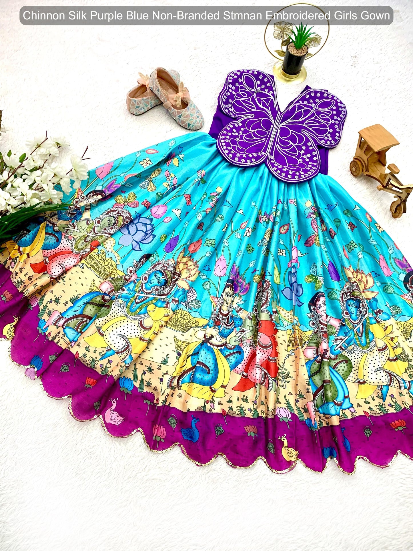 Chinnon Silk Purple Blue Non-Branded Stmnan Embroidered Girls Gown