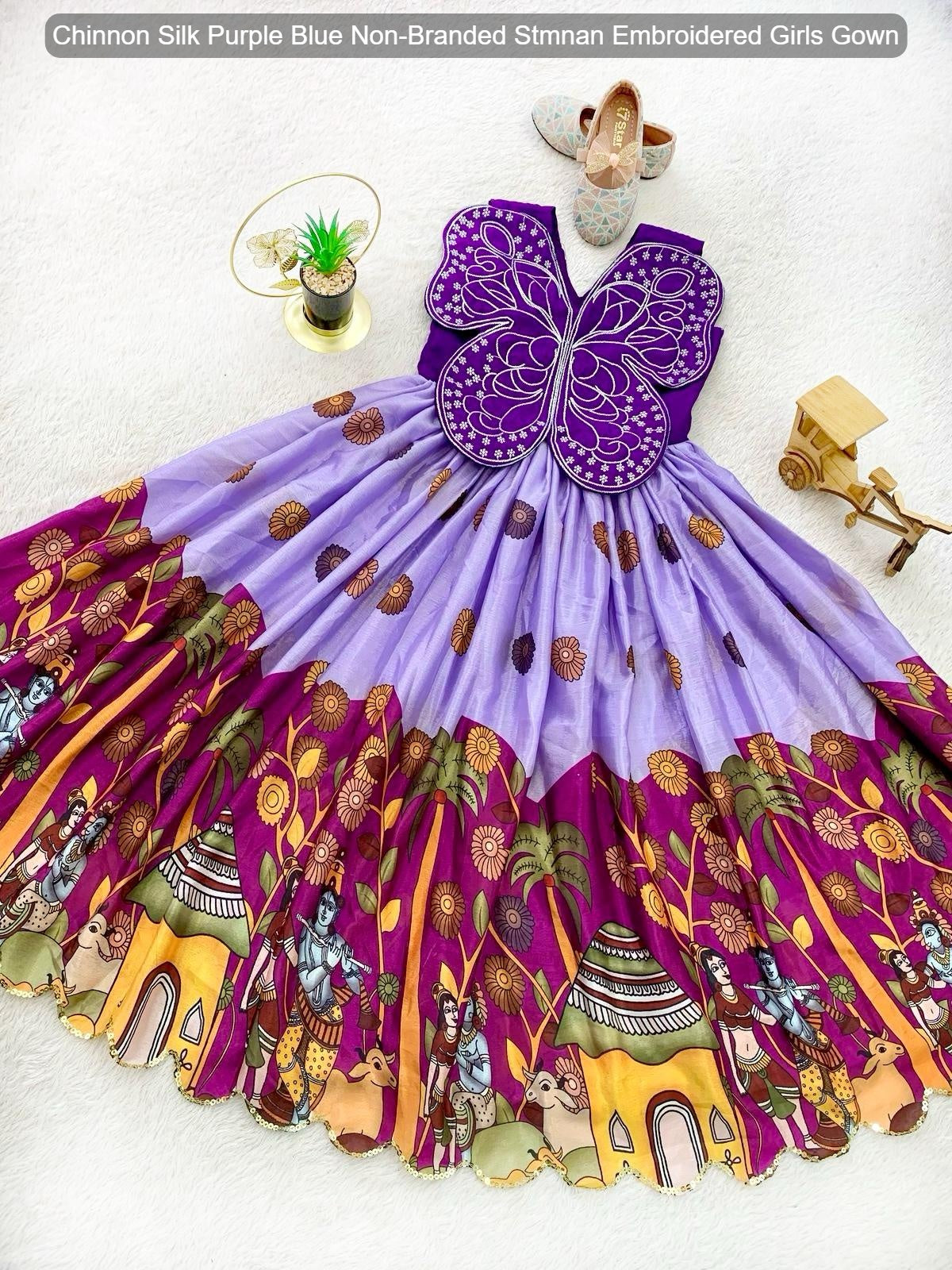 Chinnon Silk Purple Blue Non-Branded Stmnan Embroidered Girls Gown