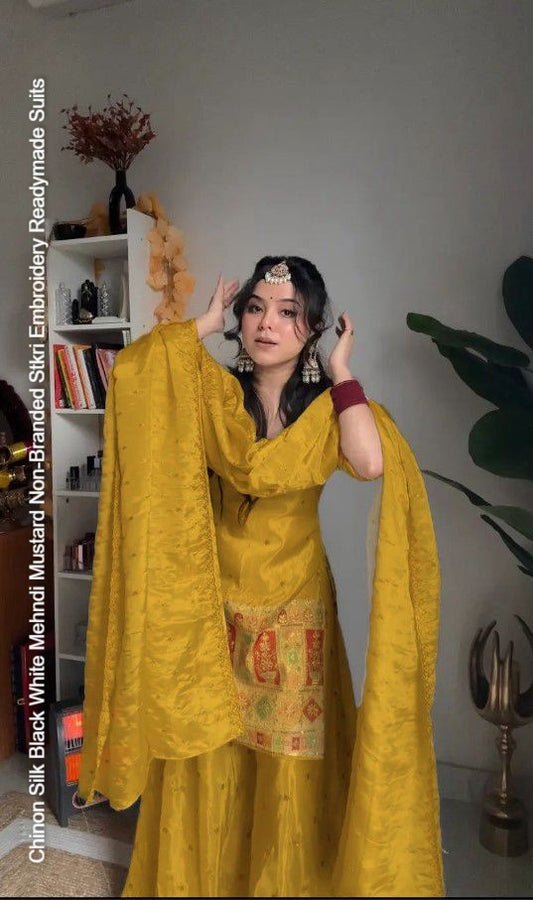 Chinon Silk Black White Mehndi Mustard Non-Branded Stkri Embroidery Readymade Suits