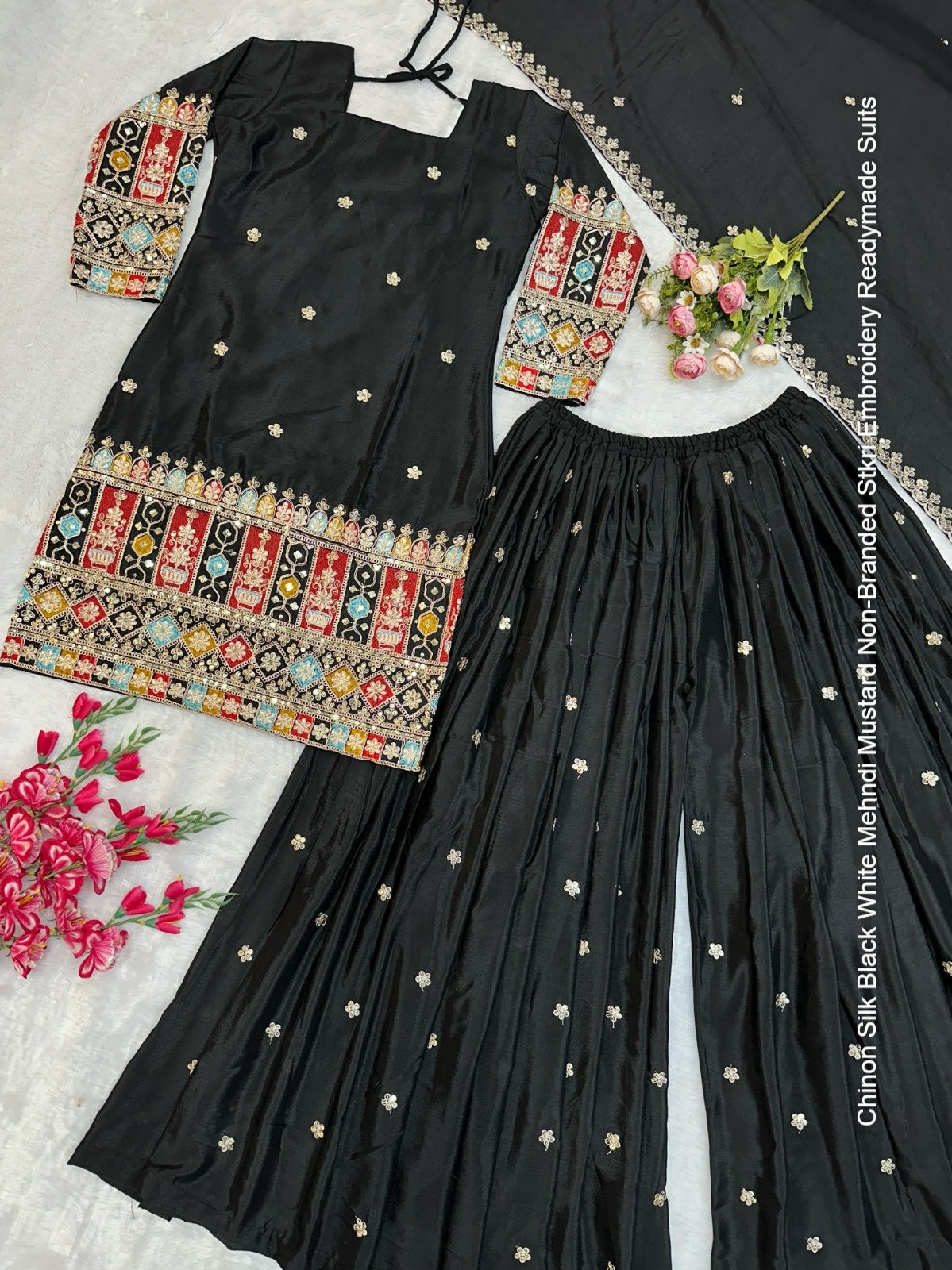 Chinon Silk Black White Mehndi Mustard Non-Branded Stkri Embroidery Readymade Suits