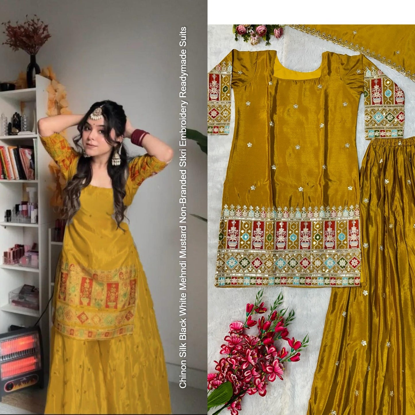 Chinon Silk Black White Mehndi Mustard Non-Branded Stkri Embroidery Readymade Suits