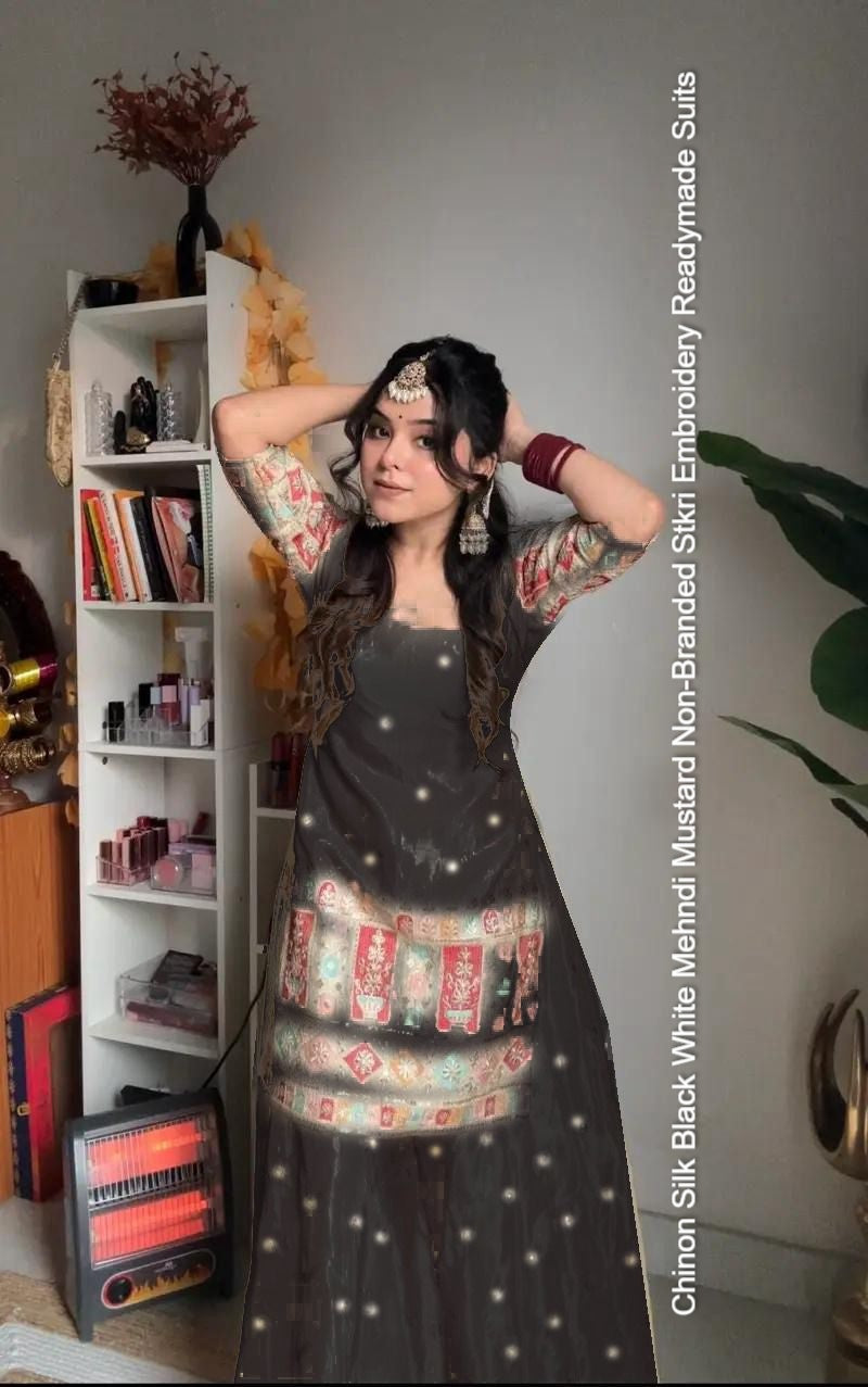 Chinon Silk Black White Mehndi Mustard Non-Branded Stkri Embroidery Readymade Suits