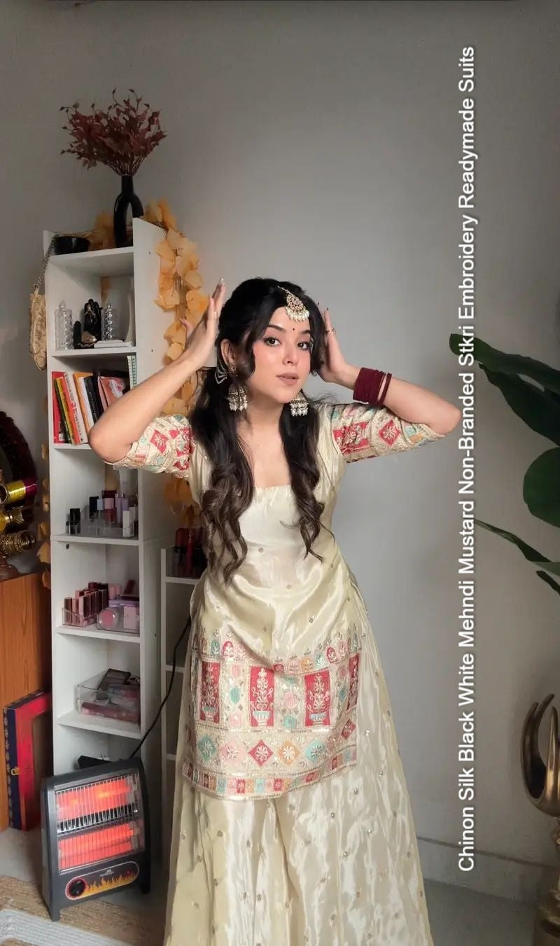 Chinon Silk Black White Mehndi Mustard Non-Branded Stkri Embroidery Readymade Suits